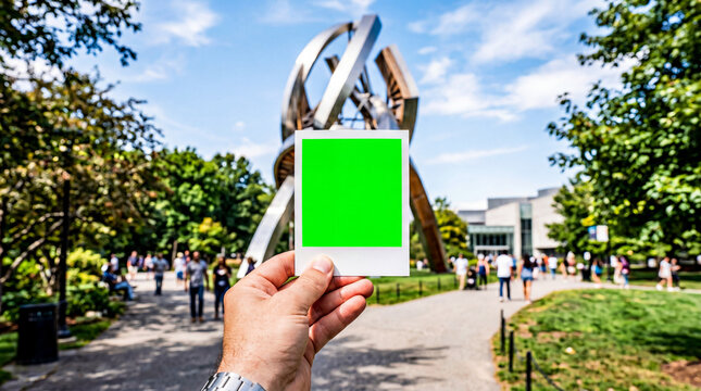 Hand holding green screen instant frame in front of modern sculpture