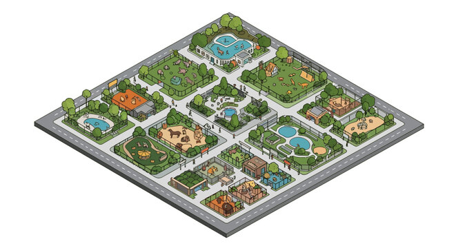 Isometric vector illustration of a vibrant zoo, teeming with animal characters and detailed design elements, showcasing a place for recreation and education with a clean, minimalist style