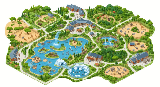 Isometric vector art illustration featuring a zoo design, showcasing animal character icons and buildings around a central lake, rendered with a bright, cartoonish style and a focus