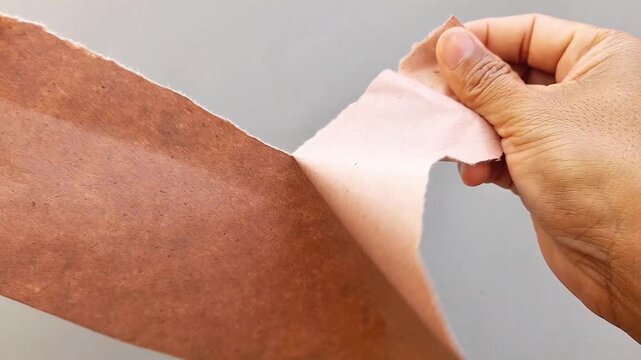 A man's hand tears paper into small pieces. Paper trash in his hand.