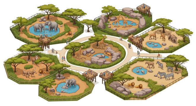 Isometric vector art depicts a zoo with various wild animal enclosures and visitor paths, rendered with a cartoon illustration style and earthy tones, creating a cheerful and inviting