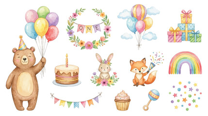 Fototapeta premium Cute woodland birthday set, pastel party decor. Collection of Vector illustrations for invitation, card, poster, banner, decoration 