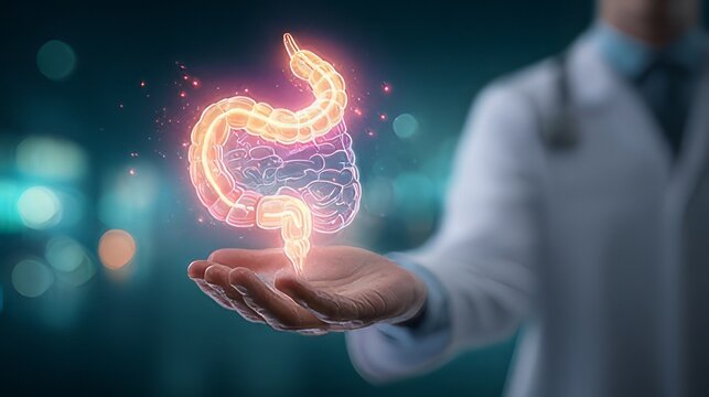 3D hologram of the human digestive system, including the stomach and intestines, floating above a person's hand. 