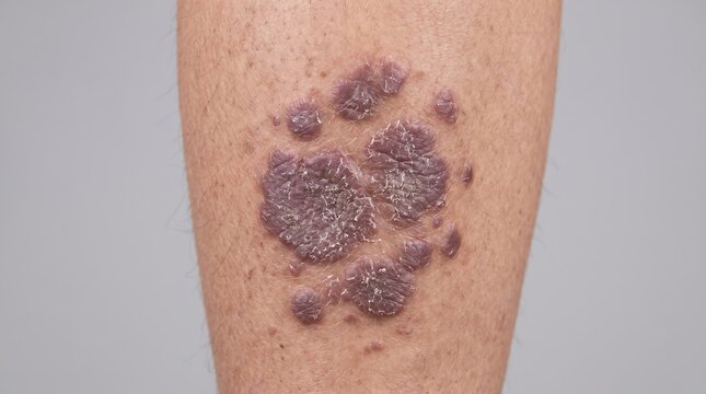 Hyperpigmented purple plaques on lower leg indicating lichen planus or chronic skin lesion