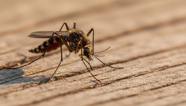 Macro close-up of wild insect fauna during mosquito season showing an Aedes mosquito resting on wood for tropical health warning and disease transmission concept at golden sunset