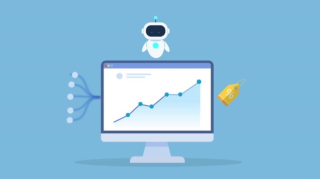 Minimal flat animation of a desktop monitor displaying a rising data chart with connected nodes, a robot assistant, and a tag icon, representing AI analytics, labeling, and data organization workflow.