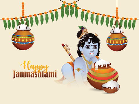 Happy Janmashtami Festival Greeting Card with dahi handi