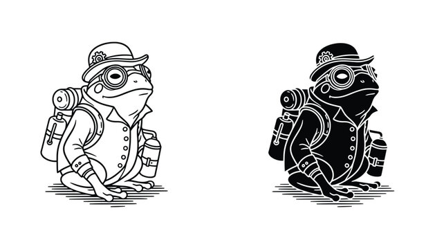 Steampunk frog traveler wearing goggles and hat with backpack in detailed black and white vector illustration style