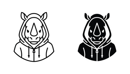 Rhino character wearing a hooded sweatshirt icon set in outline and solid black style for mascot or urban fashion branding design isolated on white background © Azure