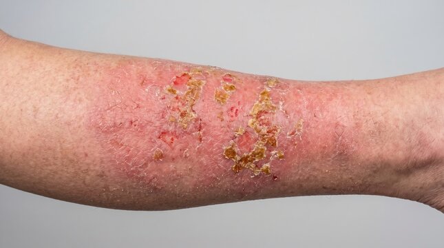 Severe stasis dermatitis on leg with honey-colored crusting and inflammation