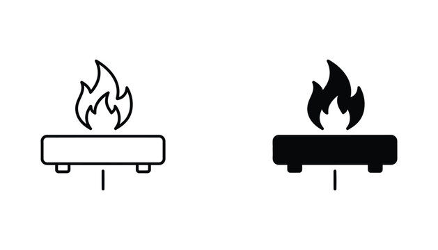 Portable gas camping stove icon with flame symbol in linear and solid black styles for outdoor recreation and cooking equipment branding