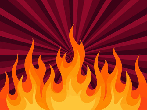 Fire Flames Illustration in Comic Book Style on Red Sunburst Background - Retro Graphic for Heat, Energy, and Power Concepts