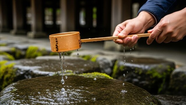 Shinto Ritual - Wooden Ladle Hishaku Dripping Water Over Moss Covered Stone Basin at Japanese Shrine