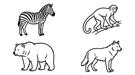 Obraz premium Wildlife animals zebra monkey bear wolf black and white vector illustration