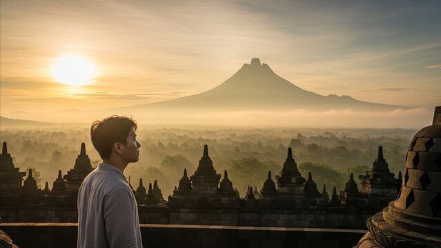 Travel - Young Asian Man Gazing at Misty Sunrise View from Borobudur Temple with Volcanic Mountain Backdrop