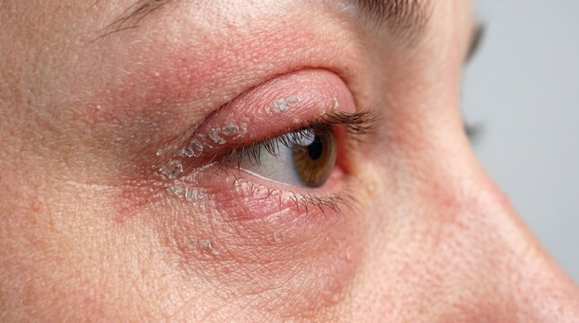 Severe eyelid eczema with dry flaky skin and periorbital redness in a patient