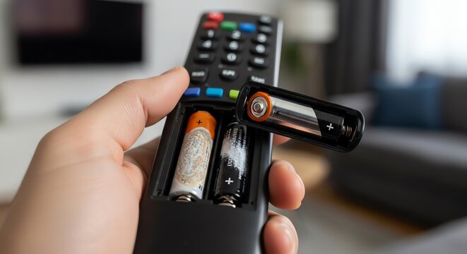 Close-up of a hand inserting batteries into a television remote control.