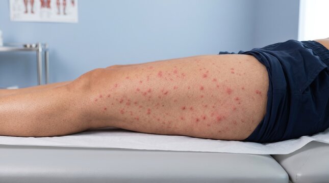 Numerous inflammatory papules and red spots on male thigh in clinical setting