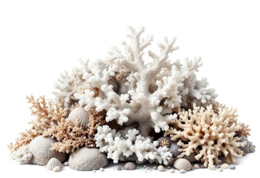 Coral and seashell pile against white