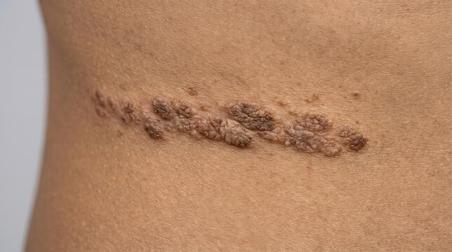 Linear arrangement of dark warty papules on skin suggesting epidermal nevus