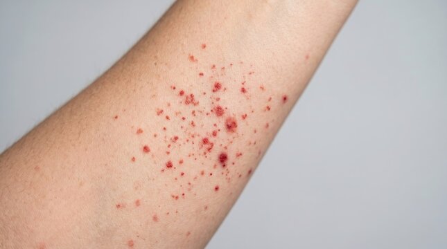 Scattered red hemorrhagic spots and small blisters on forearm skin
