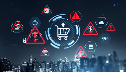 Digital shopping cart surrounded by warning icons and financial risk symbols above a city skyline illustrating modern ecommerce protection concept. © ImageFlow
