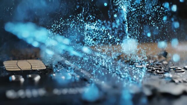 Fintech contactless card chip blue particle splash evokes secure payment innovation close up macro showing chip embossed numbers textured surface