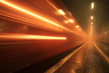 Obraz premium Blurry streak of light from a fast-moving vehicle in a dark tunnel