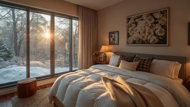 Cozy bedroom with sunrise over snowy forest through large window, warm bed and layered bedding