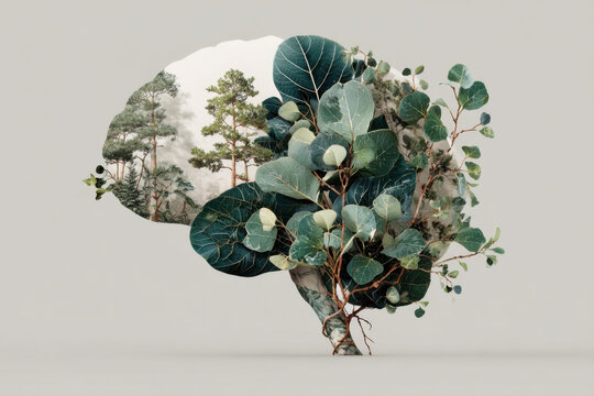 Brain with Nature Elements &ndash; Mental Health Awareness. Conceptual image of a human brain overlaid with leaves, trees, or natural textures.