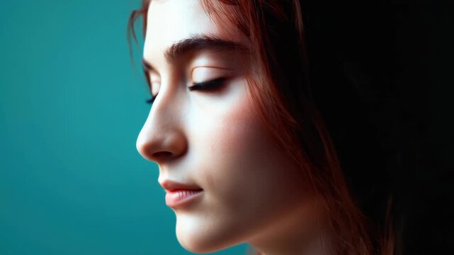 Portrait woman face profile close up teal contemplative pixelated digital fragmentation solitude