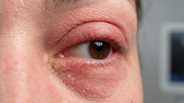 Swollen red eyelid with purulent discharge and crusting due to infection