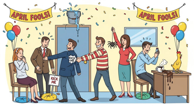 Office April Fools Day pranks with falling bucket spiders and Kick Me sign illustrating workplace humor and playful chaos