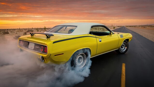 Classic Yellow Muscle Car Burnout at Sunset