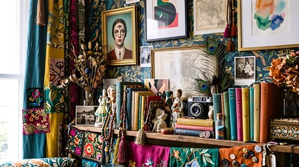 Naklejka premium A vibrant maximalist interior featuring a shelf filled with vintage books, antique cameras, eclectic art portraits, and colorful bohemian textiles. An aesthetic documentation of artistic decor.