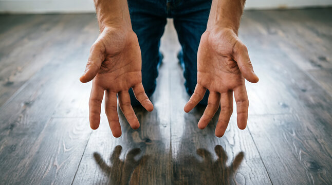 Hands palms up with fingers spread apart on wooden floor with shadow reflection featuring gesture, body language, person with man and jeans elements