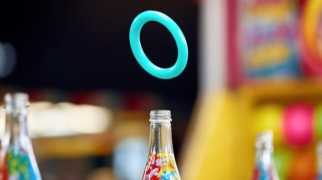 Colorful ring toss on glass bottles at carnival game booth
