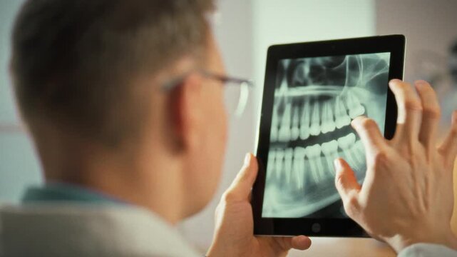 Dentist carefully examines panoramic X-ray of patient's jaw on a sleek touchscreen tablet, assessing teeth and bone tissue for precise diagnostic insight in a modern clinic, aiding treatment planning