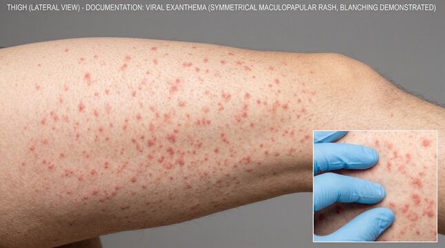Symmetrical maculopapular rash on thigh with clinical blanching demonstration