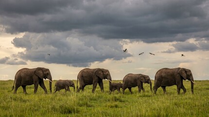 Fototapeta premium Herd of elephants walking across grassy savannah under cloudy sky