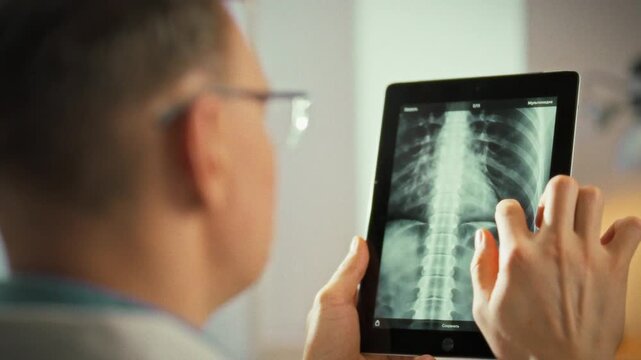 A doctor carefully examines an x-ray of the lumbar spine on an electronic tablet screen, highlighting how modern medical practice blends imaging technology with touch-enabled diagnostics