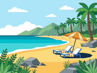 Fototapeta premium Flat Vector Illustration of Tropical Beach with Sunbeds, Parasol, Palm Trees, and Mountain Landscape - Summer Vacation and Travel Concept