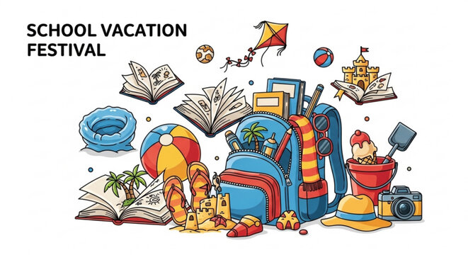 School vacation festival illustration featuring a backpack books beach toys and travel items perfect for summer break promotion and educational concepts