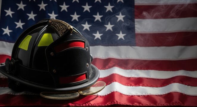Firefighter helmet resting on American flag symbolizing bravery and national service