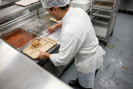 Man plating pasta on compartment tray in cafeteria kitchen