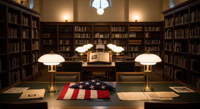 Vintage wooden desk with American flag, books, and retro lamps in warm library setting