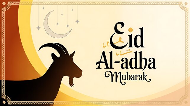 Eid Al-Adha Mubarak Greeting with Silhouette Goat and Crescent Moo