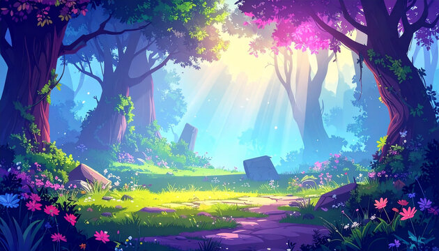 Fantasy forest landscape with magic sunbeams flowers and ancient stone ruins