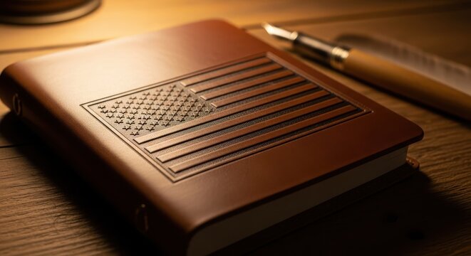 Leather-bound notebook with handwritten notes and pen on wooden desk in warm natural light