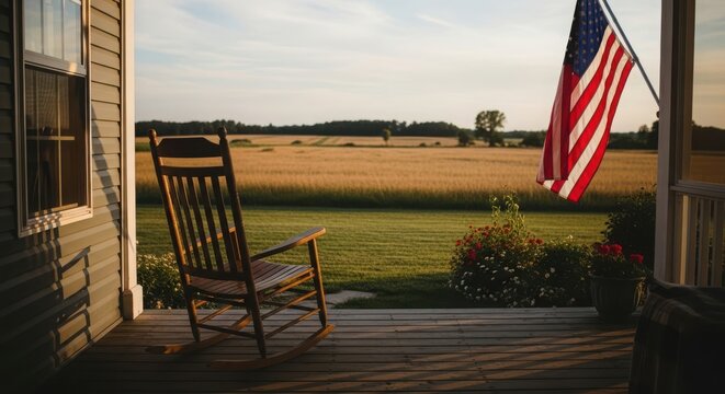 Vintage wooden rocking chair on porch with American flag at sunset in rural countryside